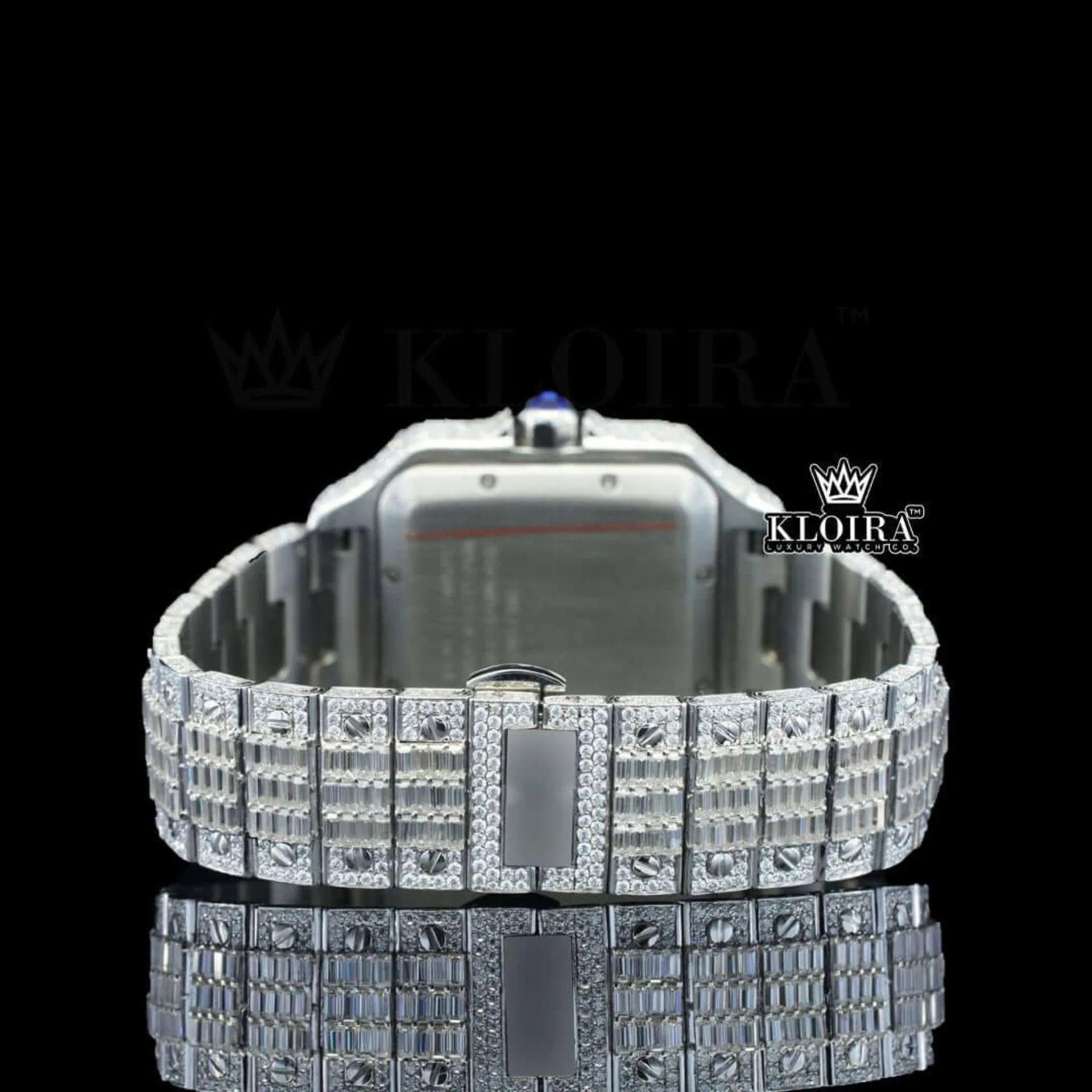 Black Roman Numerals Dial Full Iced Out Baguette Lab-Grown Diamond Watch Caseback View