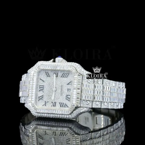 Black Roman Numerals Dial Full Iced Out Baguette Lab-Grown Diamond Watch Left Profile View
