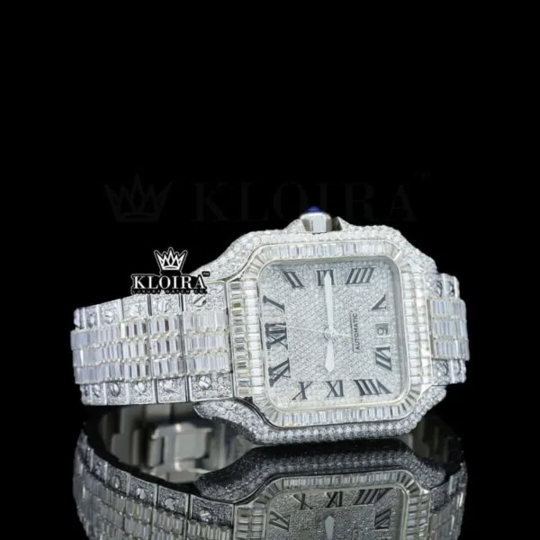Black Roman Numerals Dial Full Iced Out Baguette Lab-Grown Diamond Watch Right Profile View
