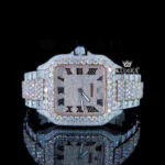 Cartior Black Roman Numerals Dial Two Tone Block Link Strap Moissanite Watch