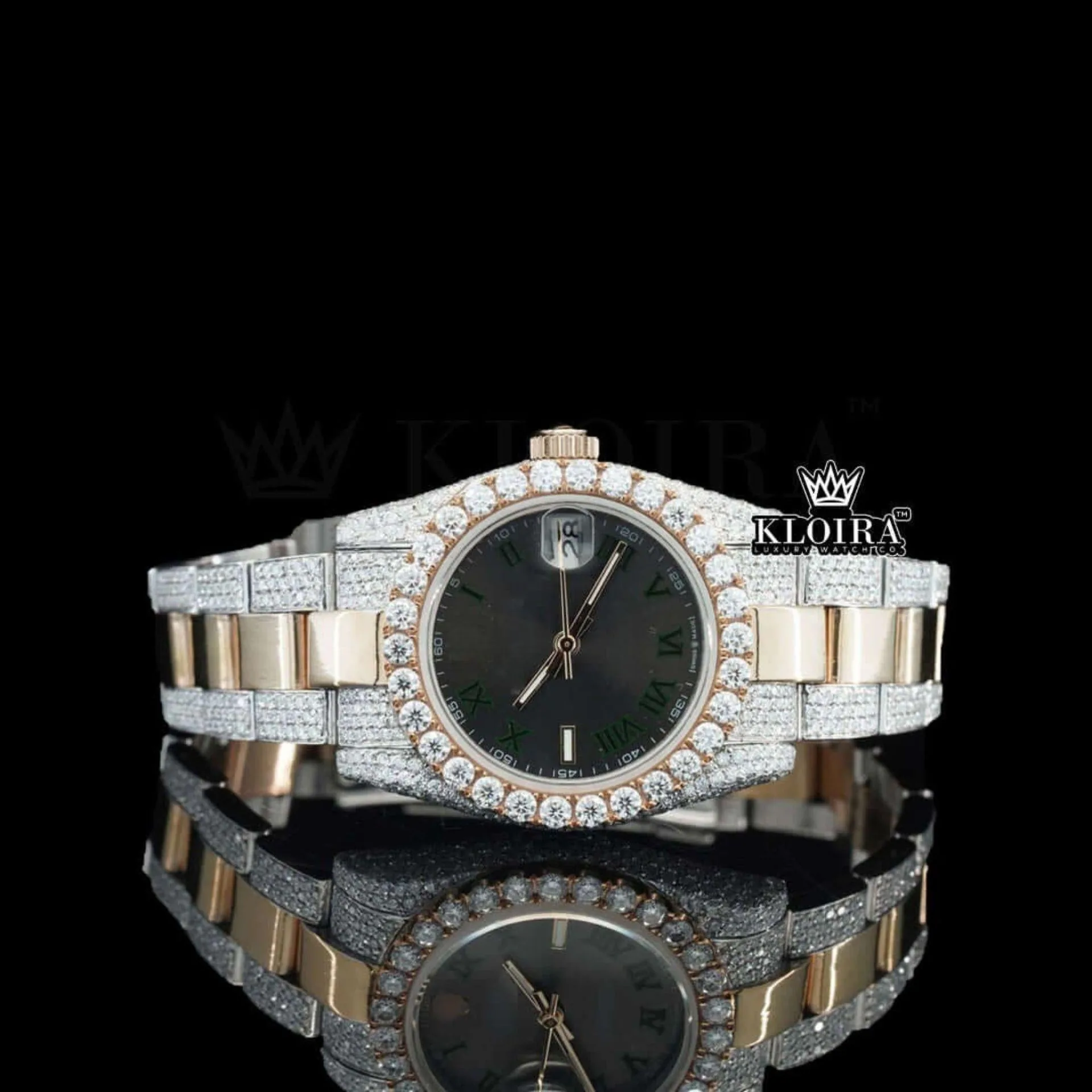 Luxury Roles Moissanite Watch with Black Roman Numerals Dial and Two-Tone Design