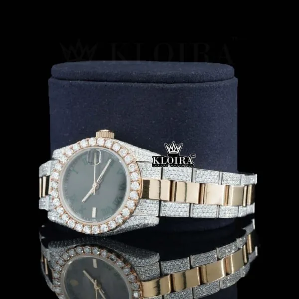 Black Roman Numerals Dial Two Tone Fully Iced Out Moissanite Watch Left Profile View