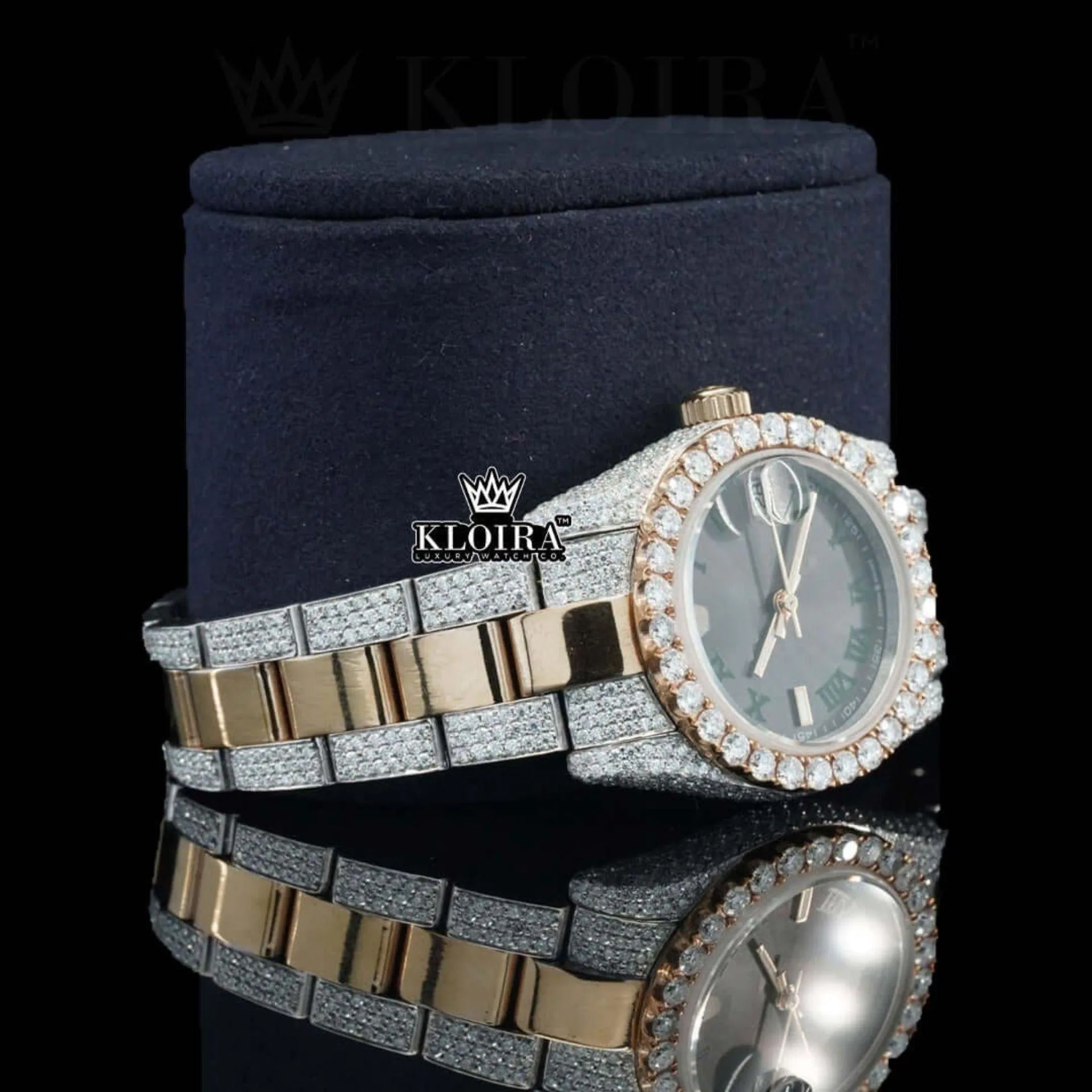 Black Roman Numerals Dial Two Tone Fully Iced Out Moissanite Watch Right Profile View