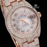 Black Roman Numerals Dual Time Dial Rose Gold Fully Iced Out Moissanite Watch Close Up Dial View