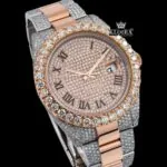 Black Roman Numerals Rose Gold Dial Two Tone Moissanite Diamond Watch Close Up Dial View