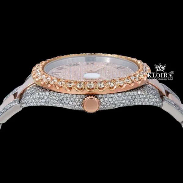 Black Roman Numerals Rose Gold Dial Two Tone Moissanite Diamond Watch Crown View