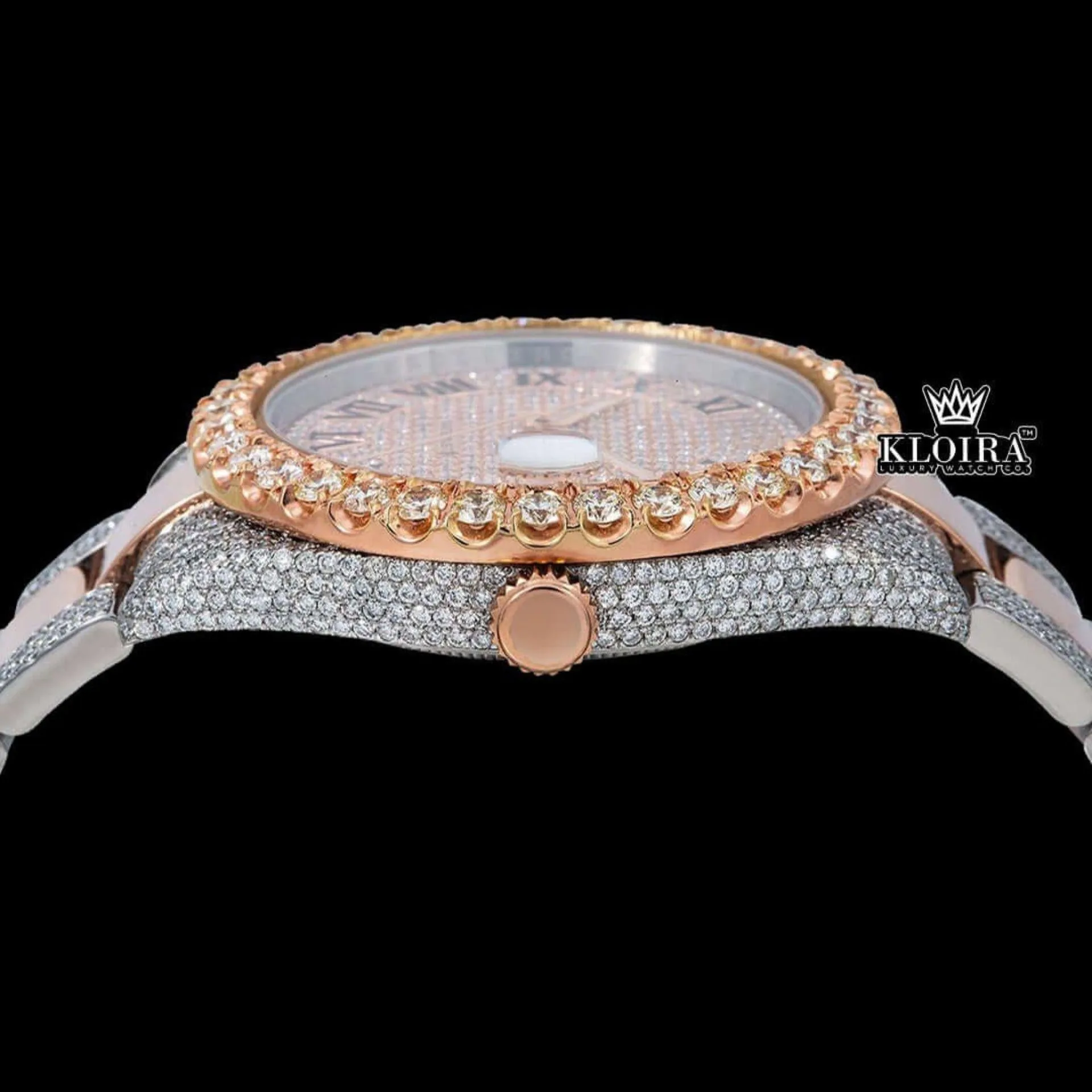 Black Roman Numerals Rose Gold Dial Two Tone Moissanite Diamond Watch Crown View