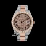 Roles Black Roman Numerals Rose Gold Dial Moissanite Watch with rose gold and white gold tones, front view.