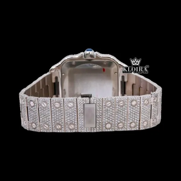 Black Roman Numerals Square White Dial Iced Out Moissanite Watch Caseback View