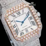 Black Roman Numerals Square White Dial Iced Out Moissanite Watch Close Up Dial View