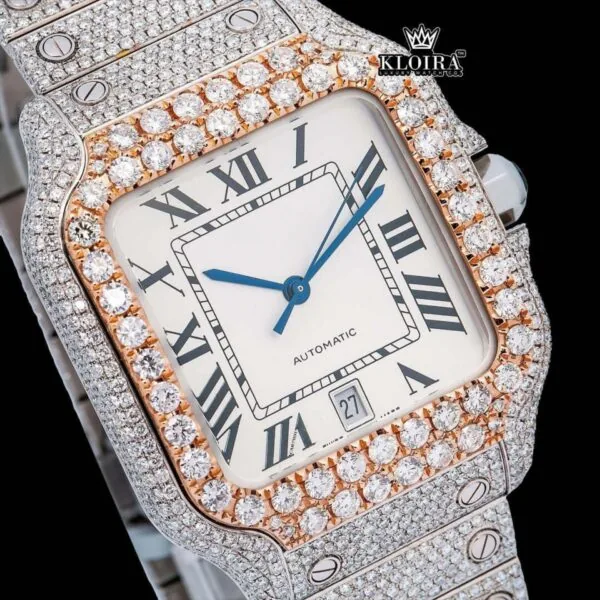 Black Roman Numerals Square White Dial Iced Out Moissanite Watch Close Up Dial View