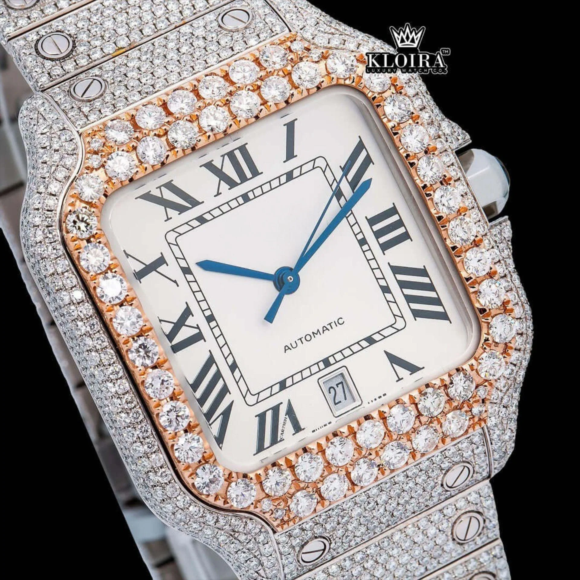 Black Roman Numerals Square White Dial Iced Out Moissanite Watch Close Up Dial View