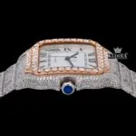 Black Roman Numerals Square White Dial Iced Out Moissanite Watch Crown View