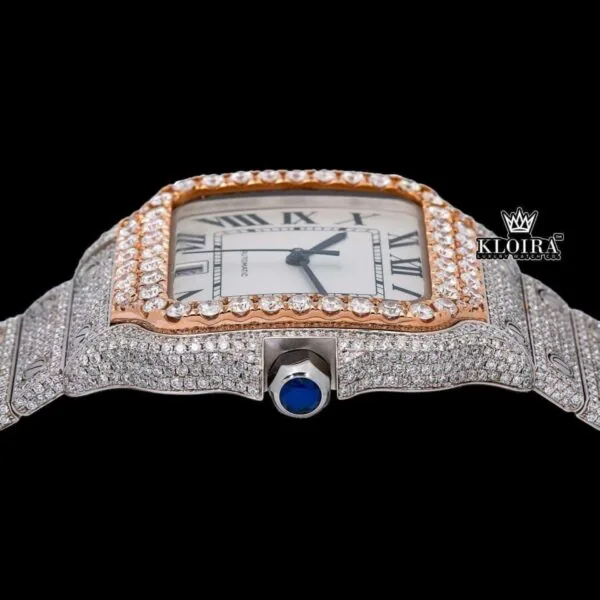 Black Roman Numerals Square White Dial Iced Out Moissanite Watch Crown View