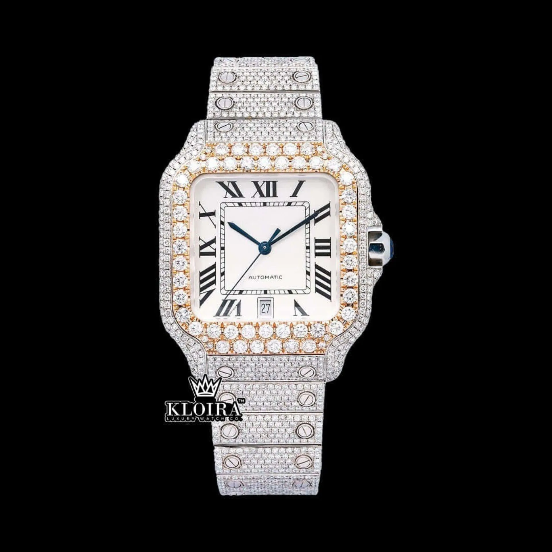 Cartior Black Roman Numerals Square Iced Out Moissanite Watch with white dial and iced bracelet