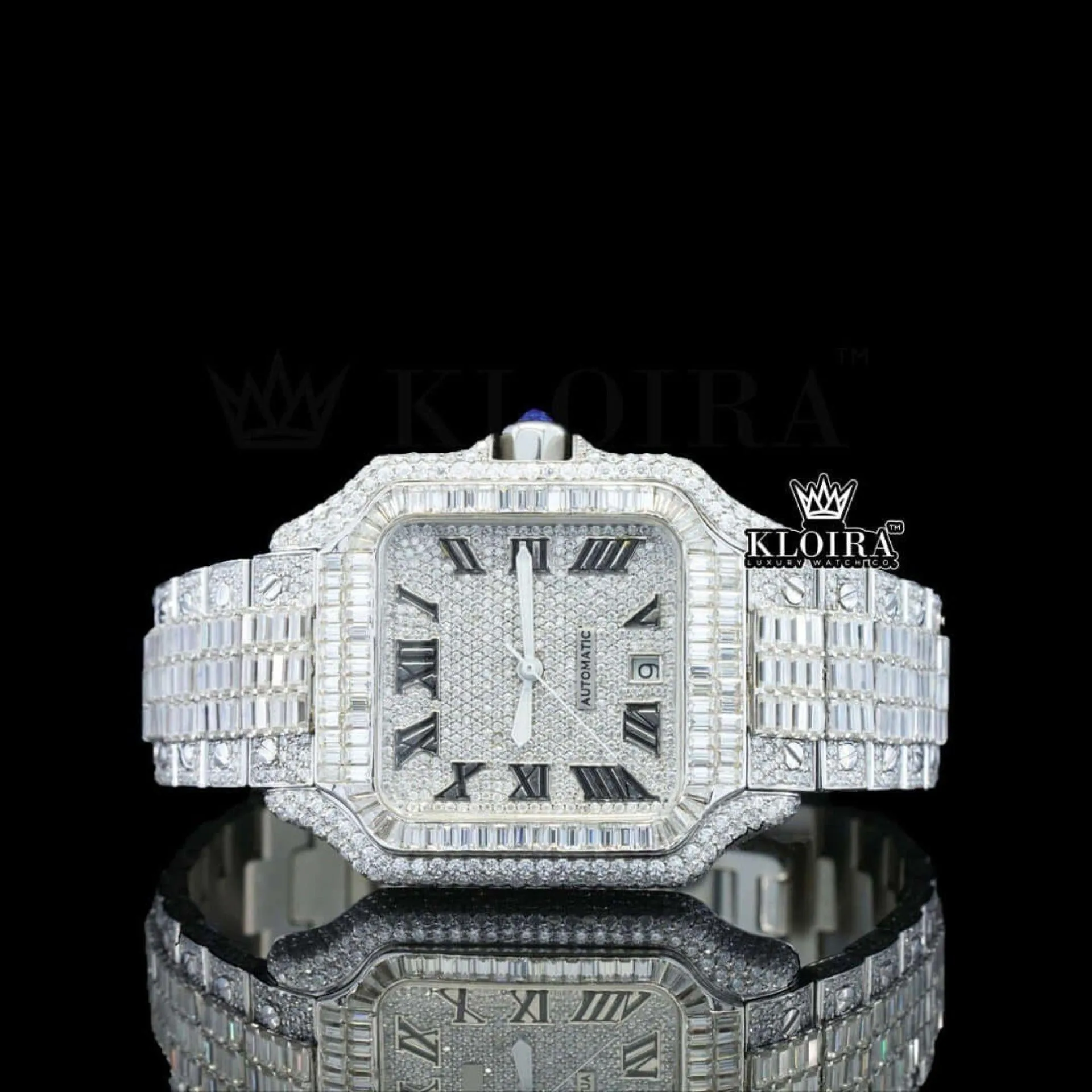 Cartior Santos Automatic Tourbillon Watch with Baguette Diamonds and White Dial