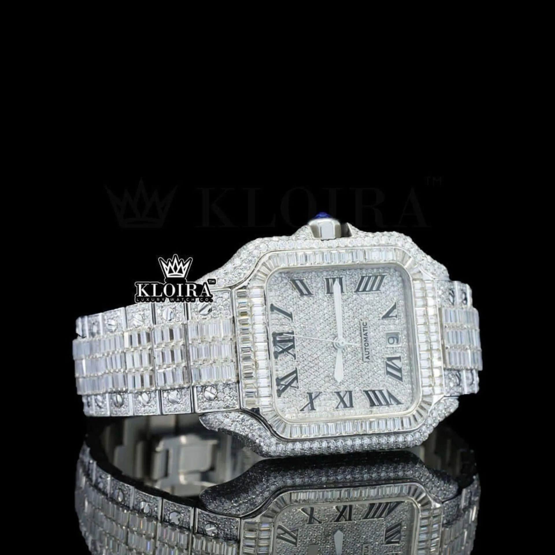 Black Roman Numerals White Dial Baguette Lab-Grown Diamond Watch Right Profile View