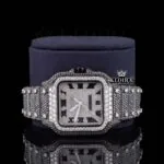 Black Roman Numerals White Dial Black Iced Moissanite Diamond Watch Close Up Front View
