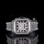 Cartior Santos Moissanite Diamond Watch with White Dial and Black Roman Numerals