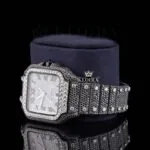 Black Roman Numerals White Dial Black Iced Moissanite Diamond Watch Left Profile View