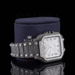 Black Roman Numerals White Dial Black Iced Moissanite Diamond Watch Right Profile View