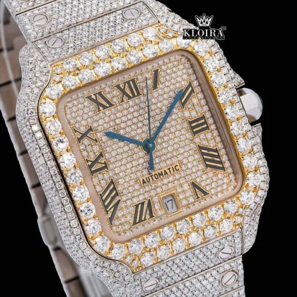 Black Roman Numerals Yellow Dial Two Tone Moissanite Watch Close Up Dial View