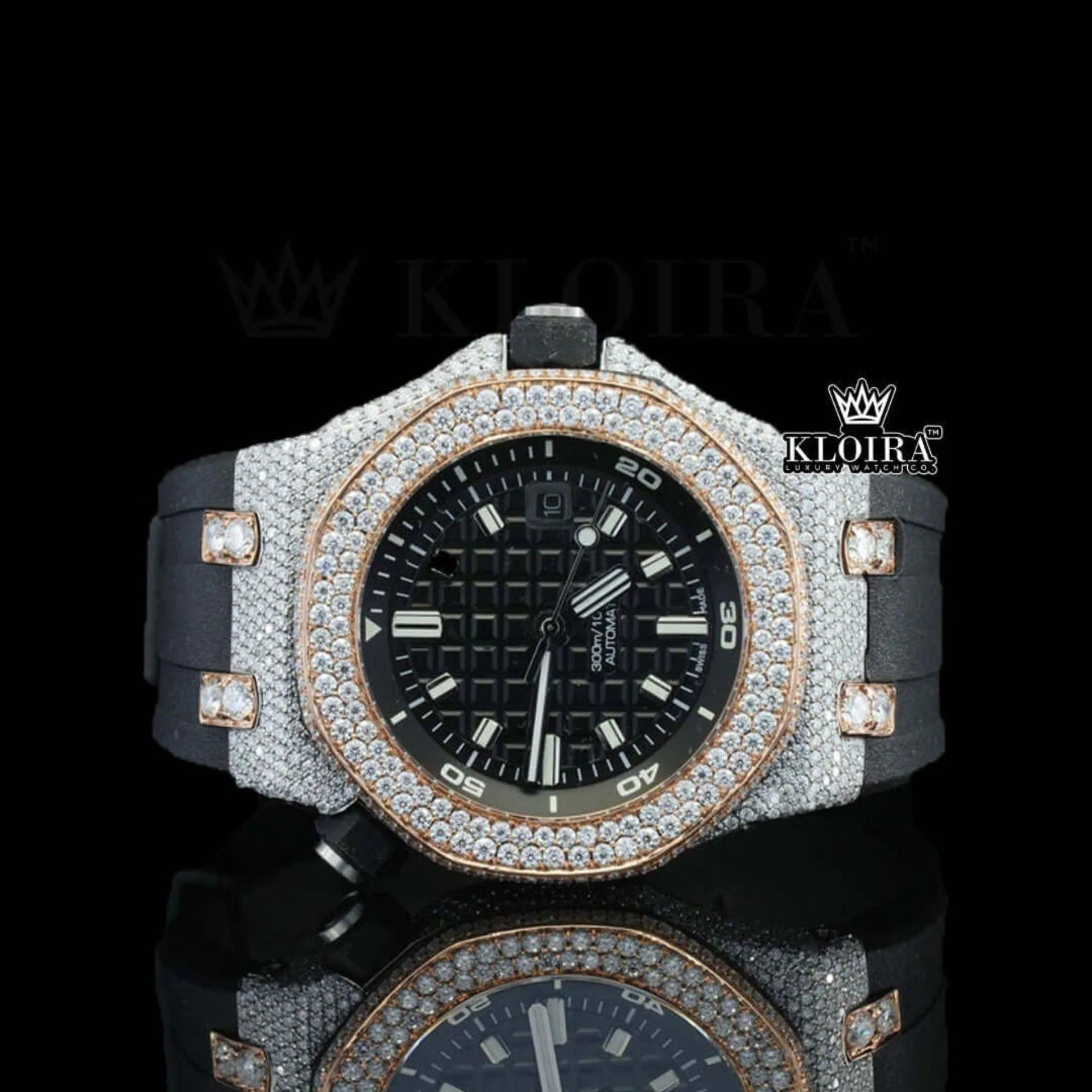 AP Royal Oak Offshore Moissanite Watch with Black Rubber Strap and Black Dial