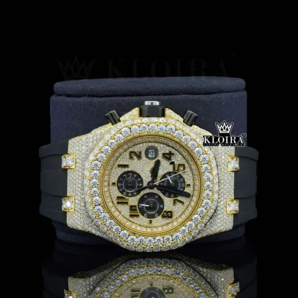 Black Rubber Strap AP Iced Out Yellow Dial Moissanite Diamond Watch Close Up Dial View