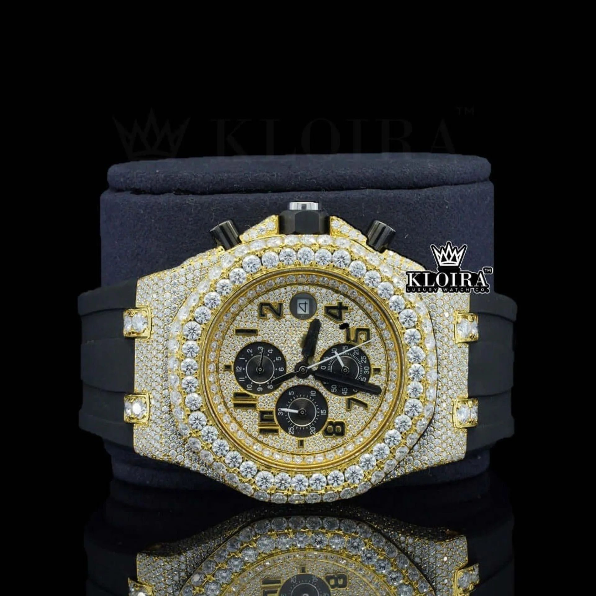 Black Rubber Strap AP Iced Out Yellow Dial Moissanite Diamond Watch Close Up Dial View