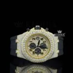 AP Royal Oak Offshore Iced Out Yellow Dial Moissanite Diamond Watch with Black Rubber Strap