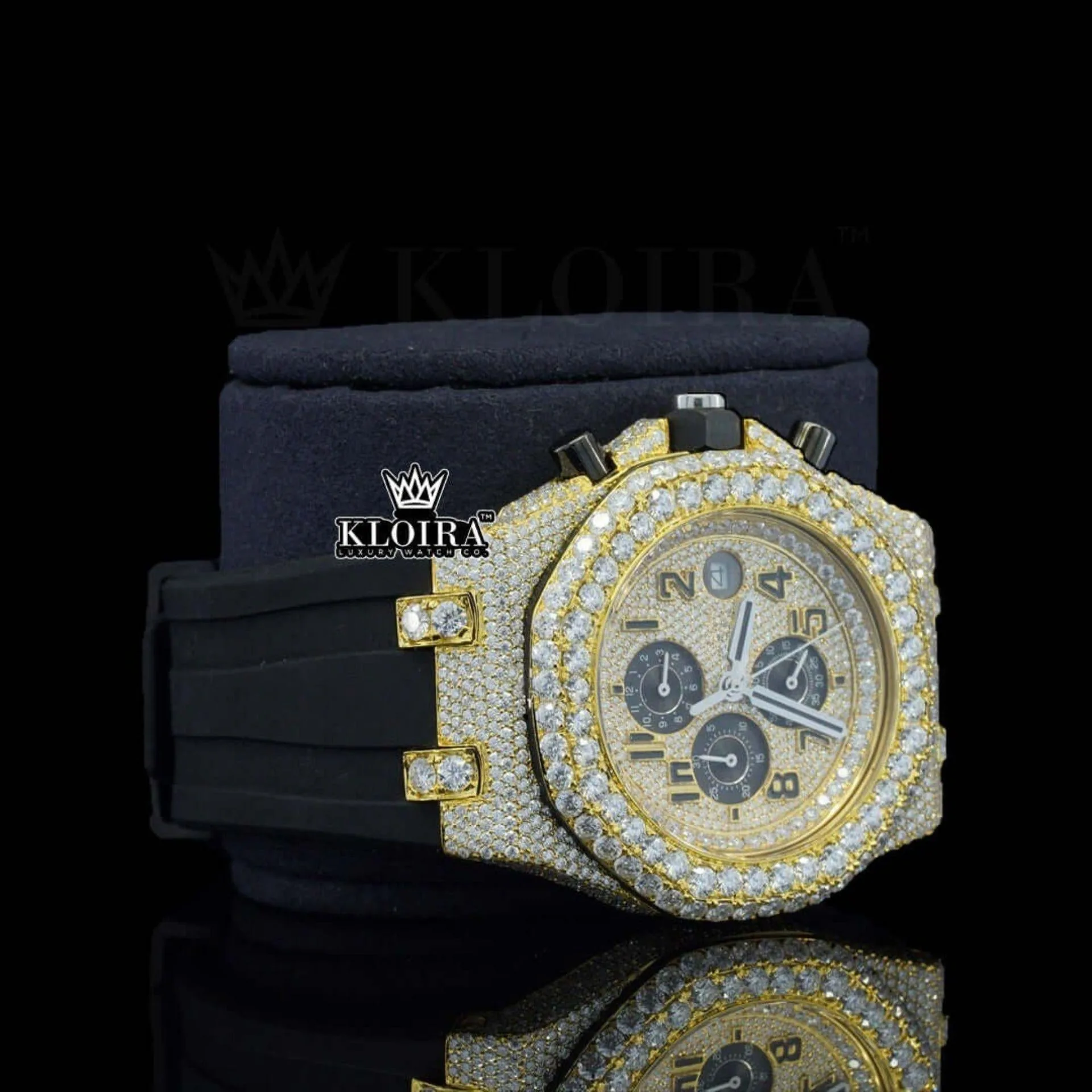 Black Rubber Strap AP Iced Out Yellow Dial Moissanite Diamond Watch Right Profile View