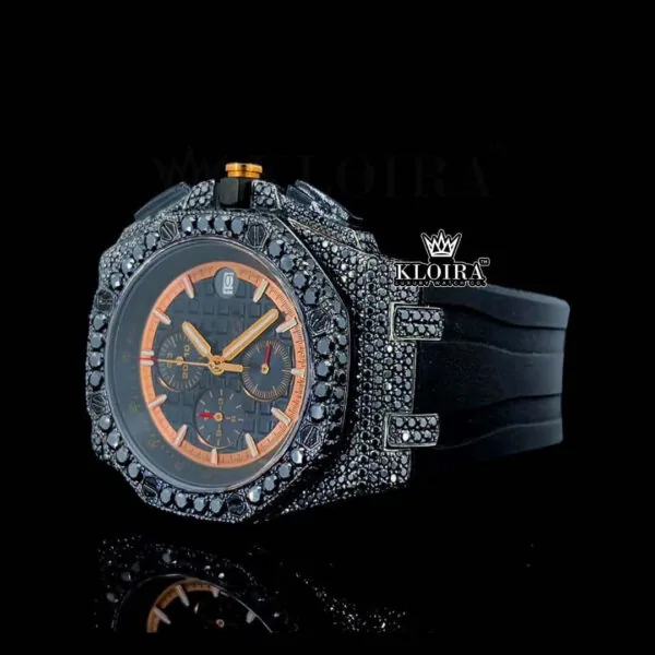Black Rubber Strap Chronograph Dial Semi Iced Out Moissanite Watch Left Profile View