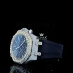 Black Rubber Strap Iced Out Chronograph Dial Moissanite Diamond Watch Close Up Left Side View
