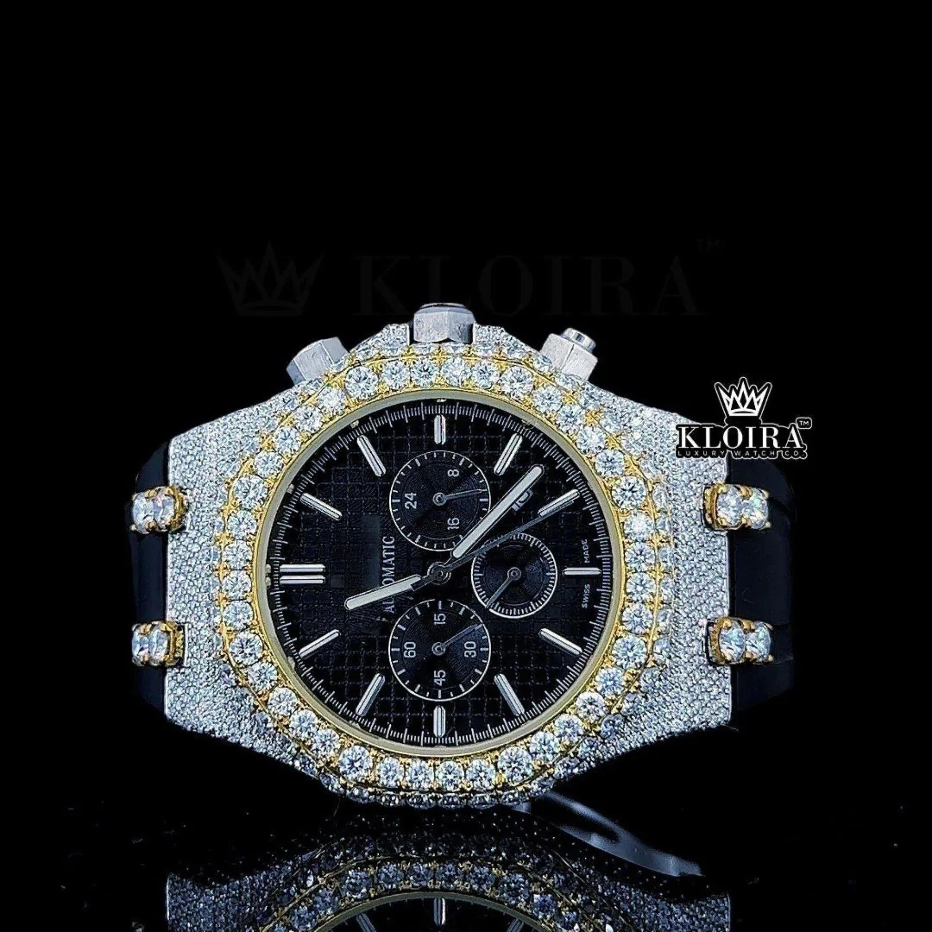 AP Royal Oak Moissanite Diamond Watch with Black Rubber Strap and Chronograph Dial
