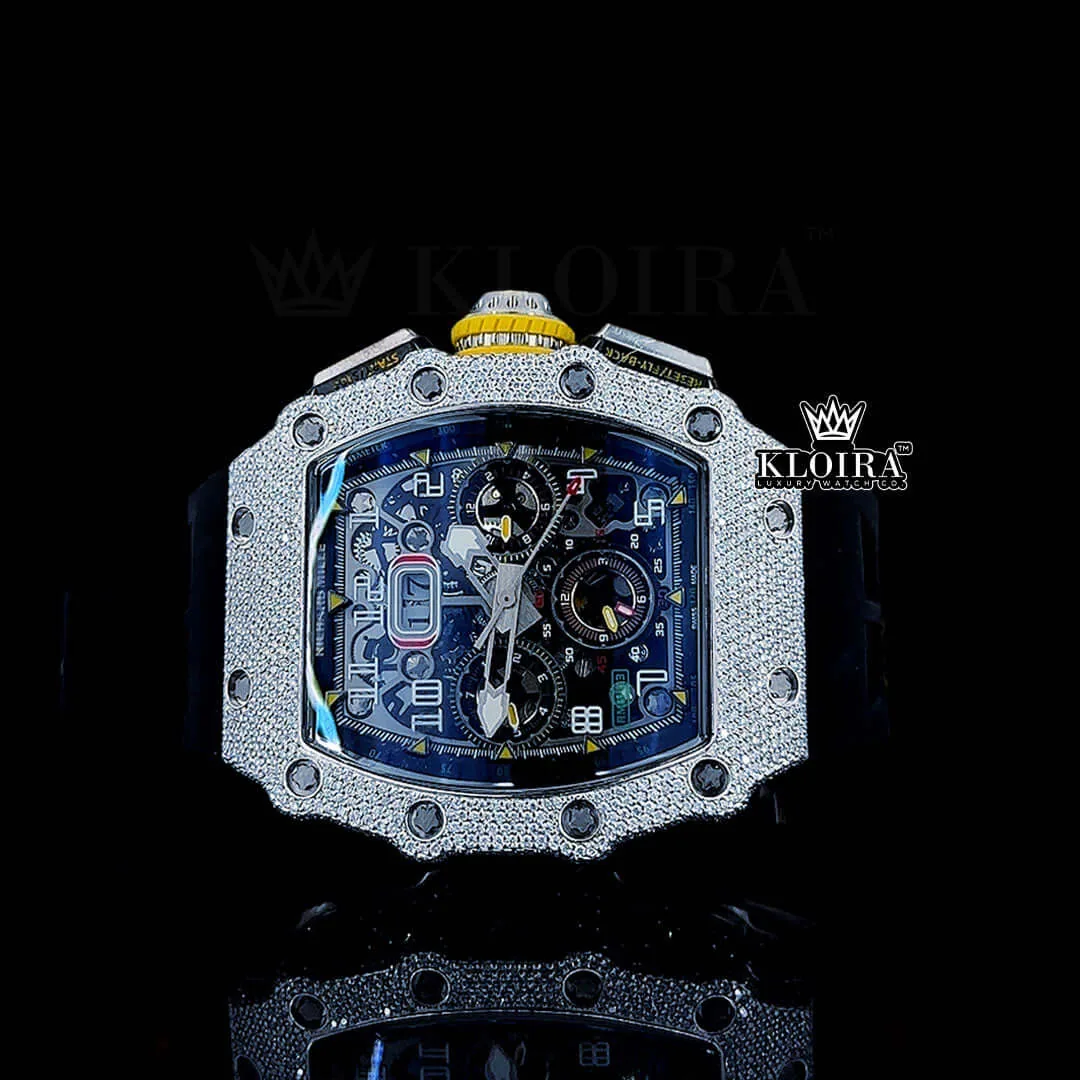 RM Swiss Moissanite Watch with Black Rubber Strap and Skeleton Dial