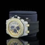 Black Rubber Strap Yellow Dial Chronograph Standard Numerals Moissanite Watch Left Profile View