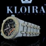 Black Skeleton Dial Yellow Gold Bezel Two Tone Moissanite Watch Left Profile View