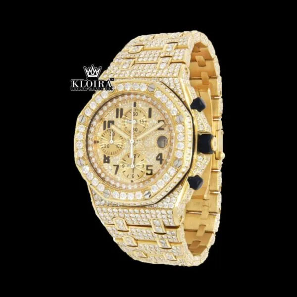 Black Standard Numerals Chronograph Yellow Gold Iced Out Moissanite Watch Close Up Dial View