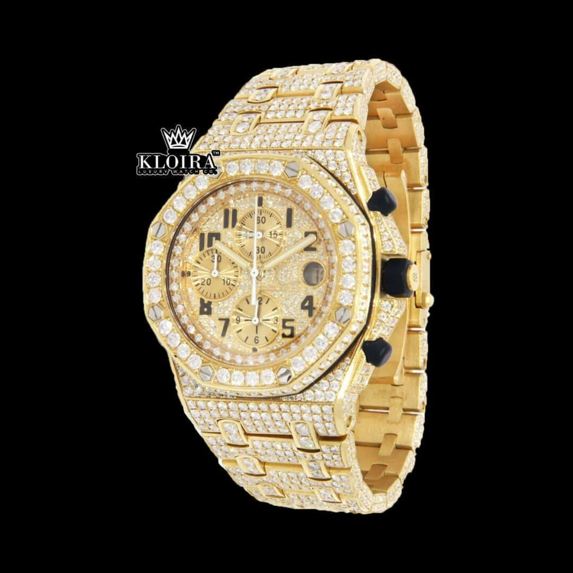 Black Standard Numerals Chronograph Yellow Gold Iced Out Moissanite Watch Close Up Dial View
