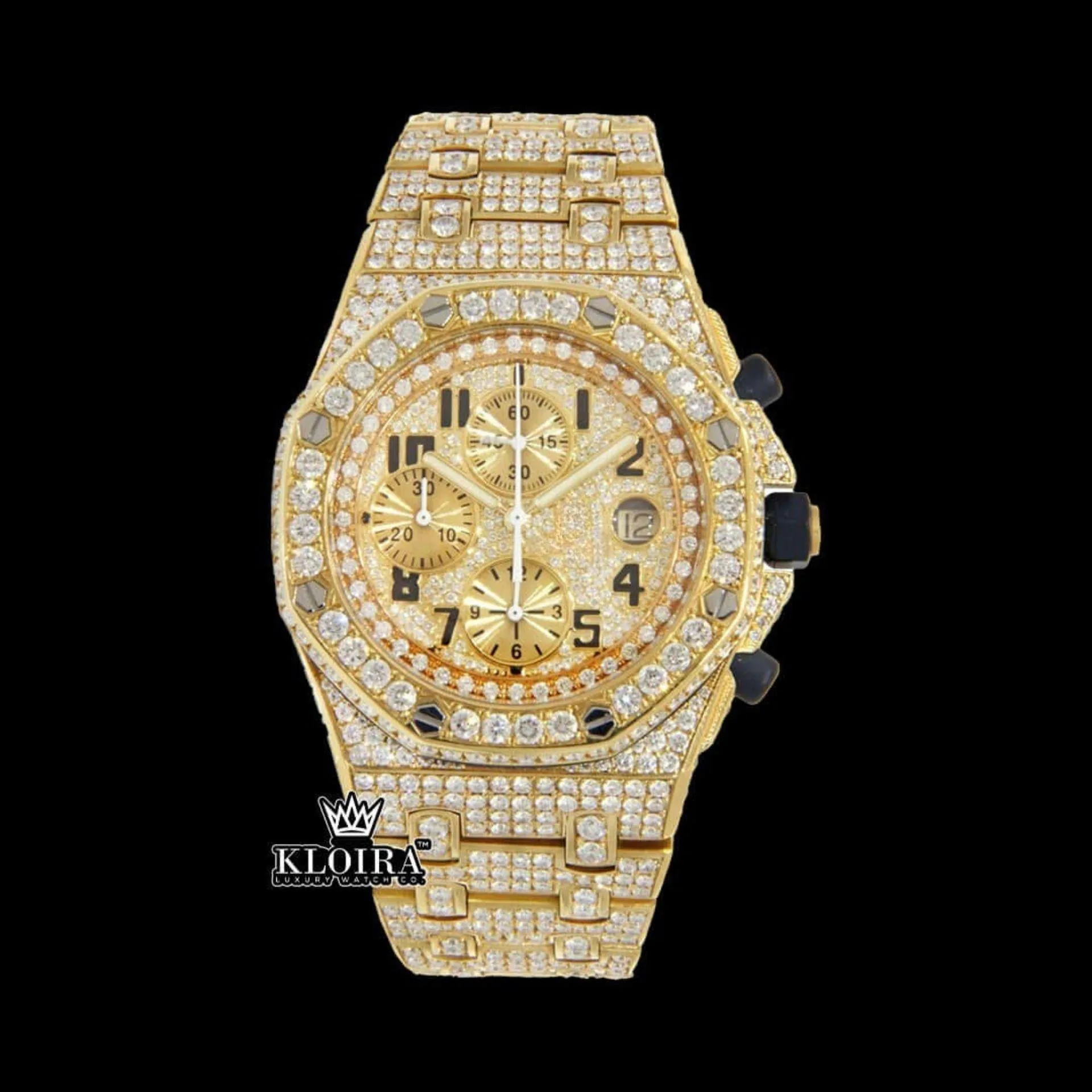 AP Black Standard Numerals Chronograph Moissanite Watch in Yellow Gold with Iced Out Detail