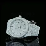 Black Stick Dial White Gold Fully Iced Out Moissanite Watch Close Up Dial View