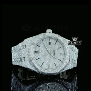 AP Royal Oak Moissanite Watch in White Gold with Black Stick Dial