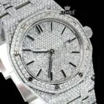Black Stick Markers Dial Block Link Strap Fully Iced Out Moissanite Watch Close Up Dial View
