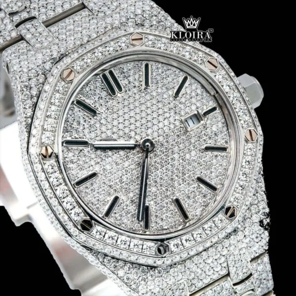 Black Stick Markers Dial Block Link Strap Fully Iced Out Moissanite Watch Close Up Dial View