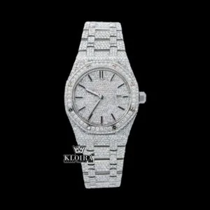 AP Royal Oak Fully Iced Out Moissanite Watch with Black Stick Markers