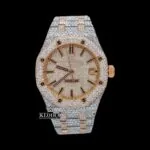 AP Royal Oak Moissanite Watch with Black Stick Markers & Two-Tone Rose Gold Strap
