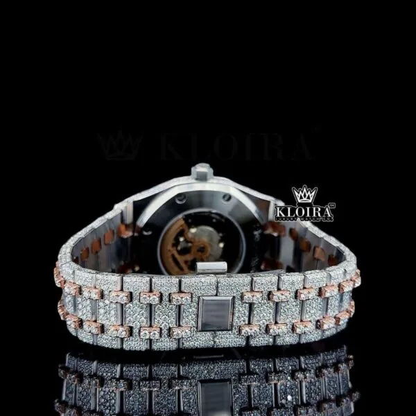 Black Stick Markers Dial Two Tone Rose Gold Iecd Out Natural Diamond Watch Caseback View