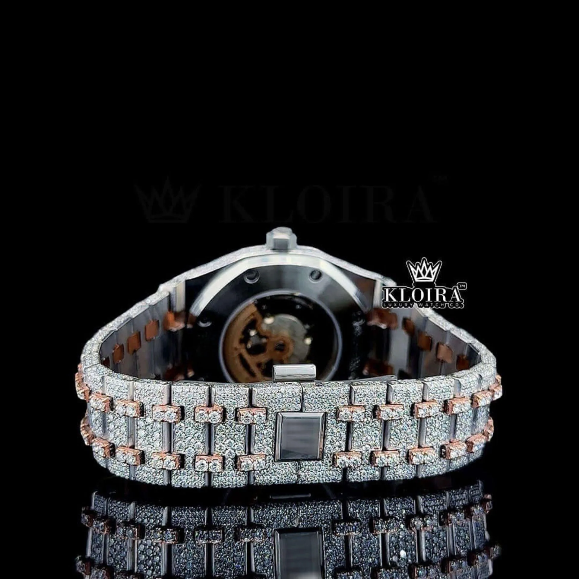 Black Stick Markers Dial Two Tone Rose Gold Iecd Out Natural Diamond Watch Caseback View