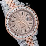 Black Stick Markers Dial Two Tone Rose Gold Moissanite Watch Close Up Dial View