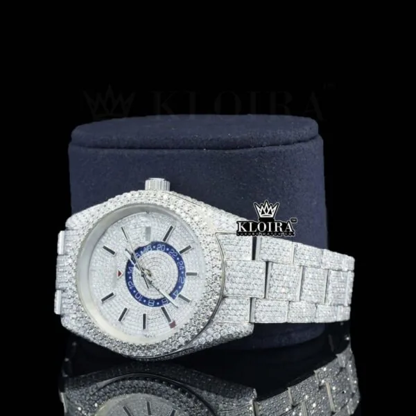Black Stick Markers Dual Time Dial Fully Iced Out Moissanite Watch Left Profile View